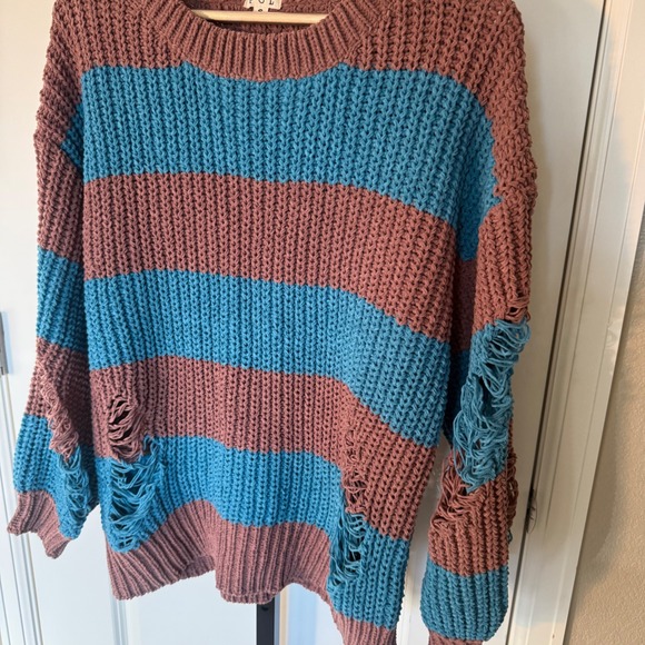 POL Distressed Striped Oversized Chunky Knit Sweater Brown Teal Womens S - Picture 2 of 8
